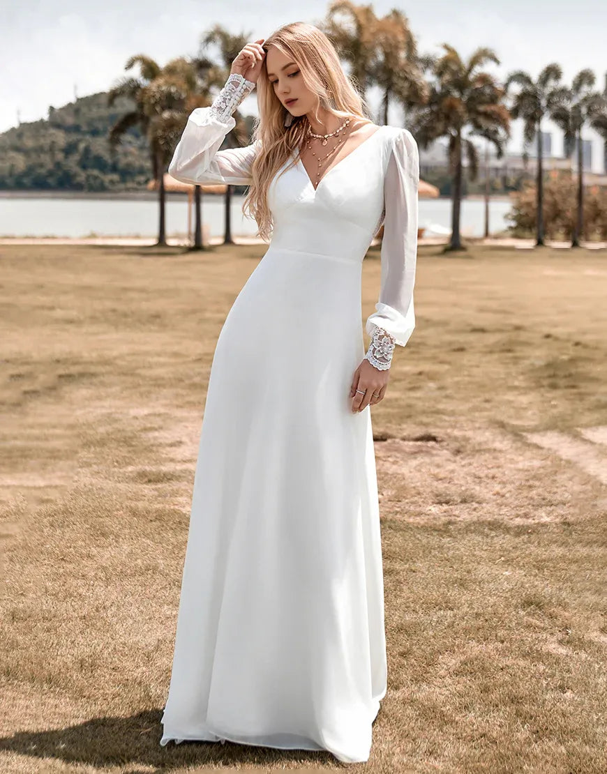 Sheath Lace Boho Simple Long Sleeves Wedding Dress