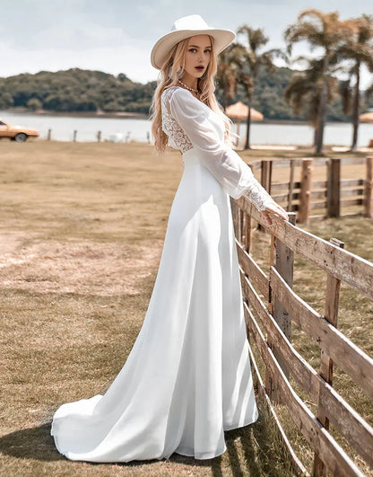 Sheath Lace Boho Simple Long Sleeves Wedding Dress