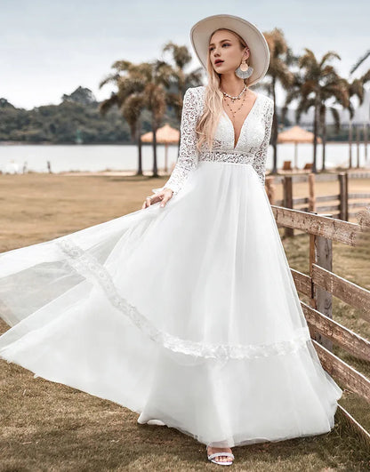 Low V-neck Lace Long Sleeves Boho Wedding Dress