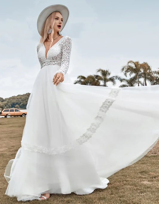 Low V-neck Lace Long Sleeves Boho Wedding Dress