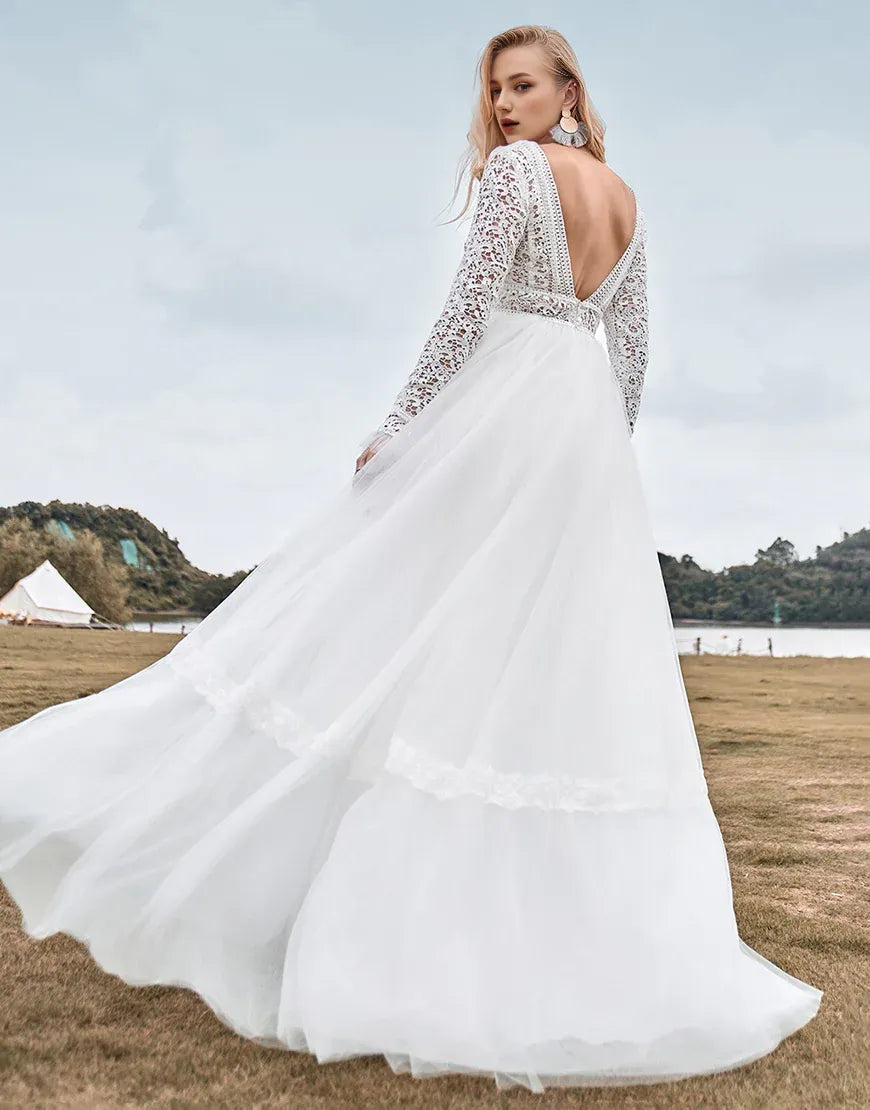 Low V-neck Lace Long Sleeves Boho Wedding Dress