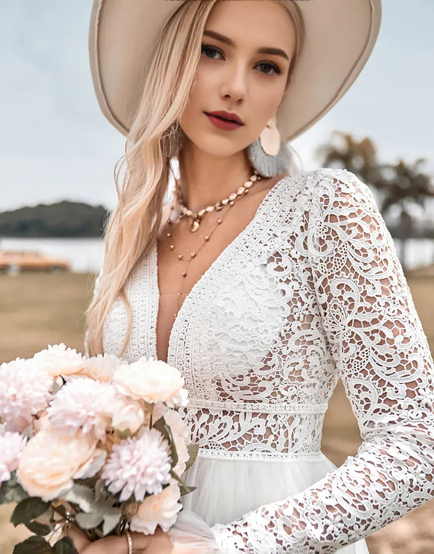 Low V-neck Lace Long Sleeves Boho Wedding Dress