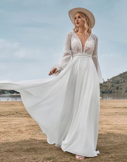 A Line V Neck Lace Long Sleeves Ivory Wedding Dress