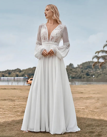 A Line V Neck Lace Long Sleeves Ivory Wedding Dress