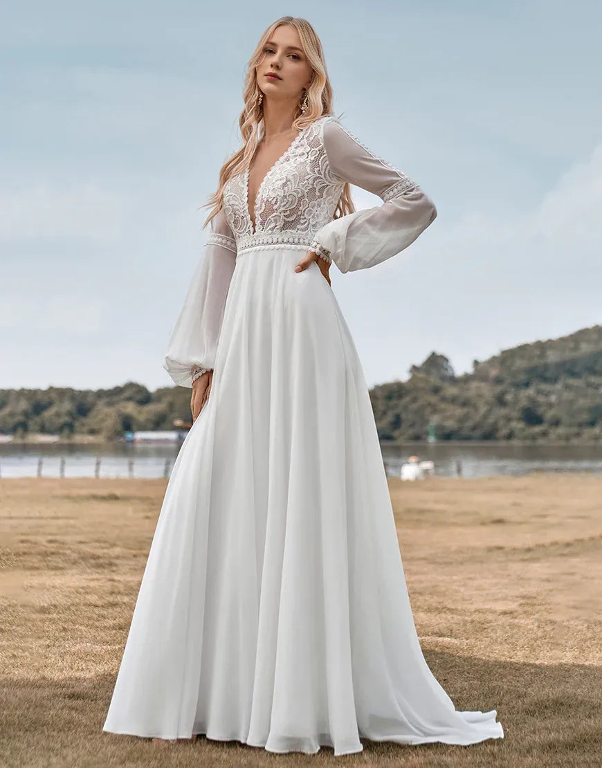 A Line V Neck Lace Long Sleeves Ivory Wedding Dress