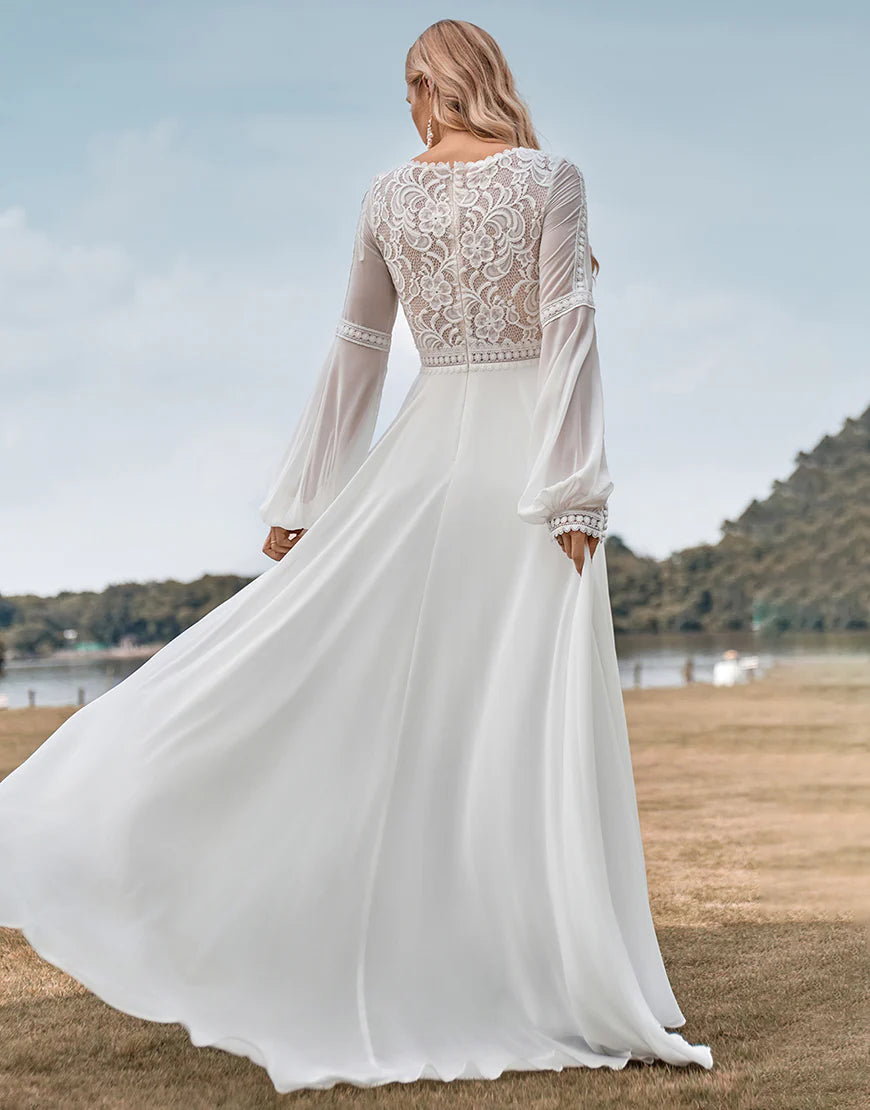 A Line V Neck Lace Long Sleeves Ivory Wedding Dress