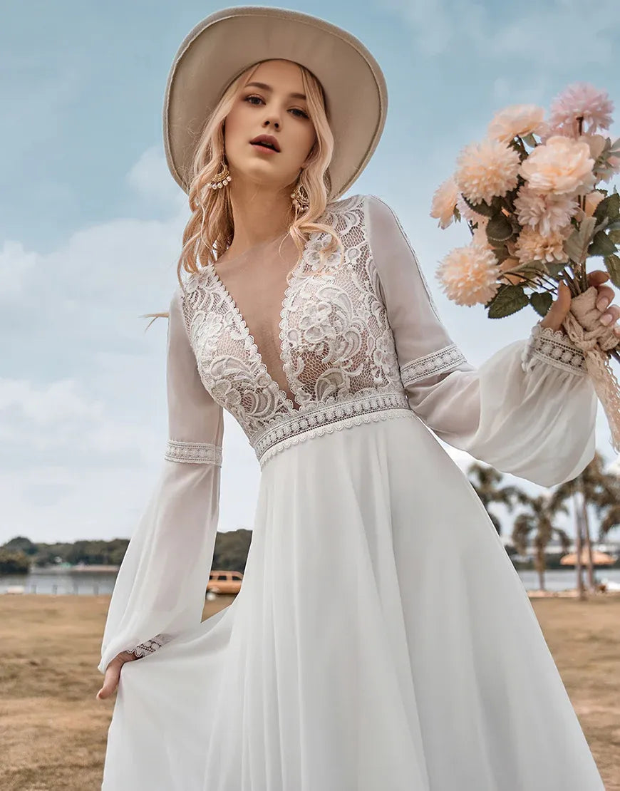 A Line V Neck Lace Long Sleeves Ivory Wedding Dress