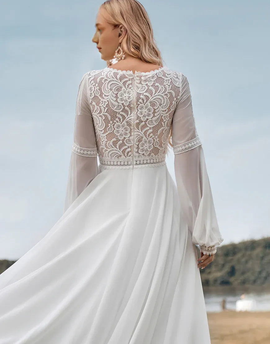 A Line V Neck Lace Long Sleeves Ivory Wedding Dress