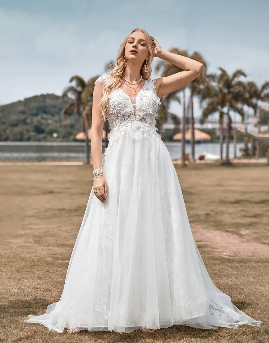 A Line Tulle Beading Ivory Long Wedding Dress With Appliques