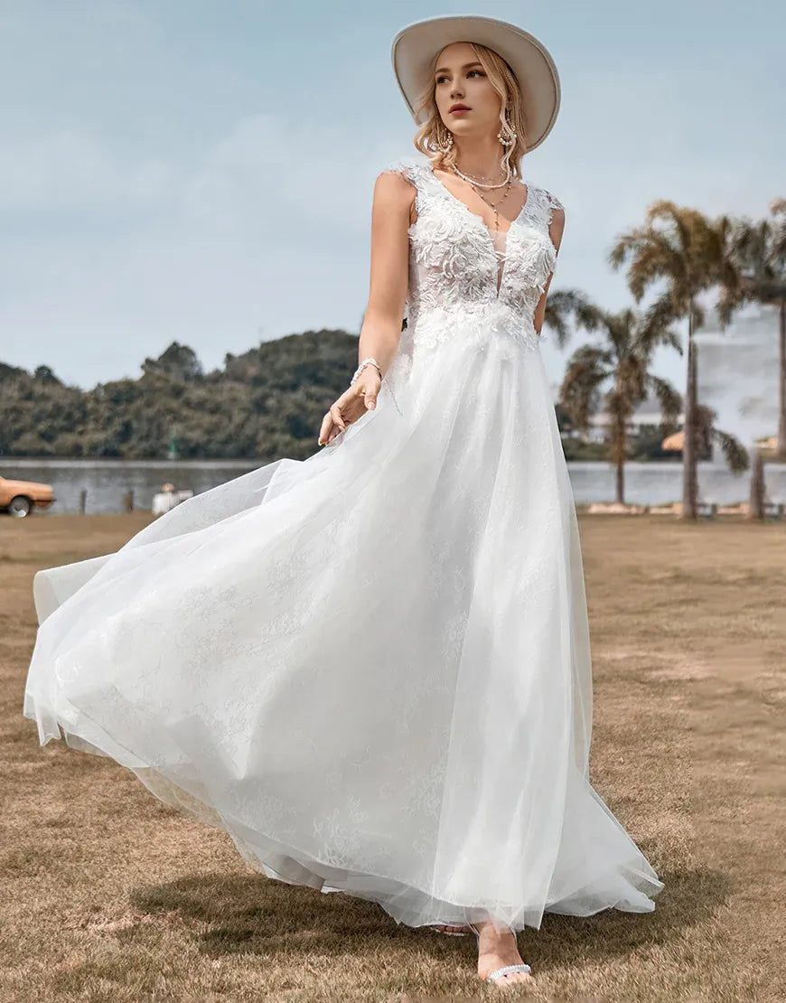 A Line Tulle Beading Ivory Long Wedding Dress With Appliques