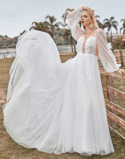 A Line Long Sleeves Open Back Ivory Wedding Dress with Appliques