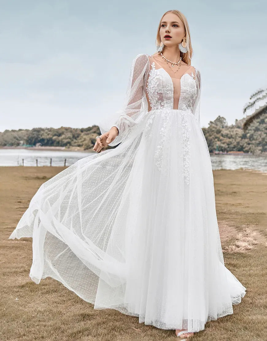 A Line Long Sleeves Open Back Ivory Wedding Dress with Appliques