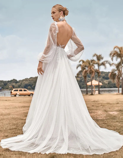 A Line Long Sleeves Open Back Ivory Wedding Dress with Appliques