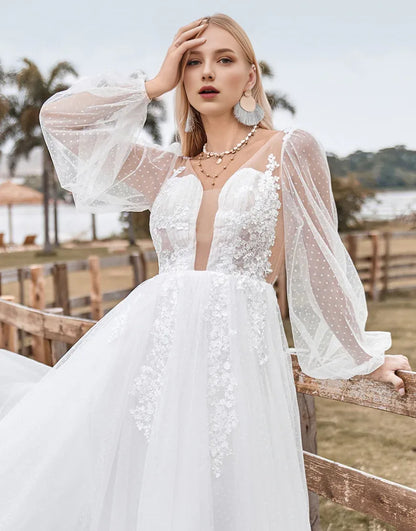 A Line Long Sleeves Open Back Ivory Wedding Dress with Appliques