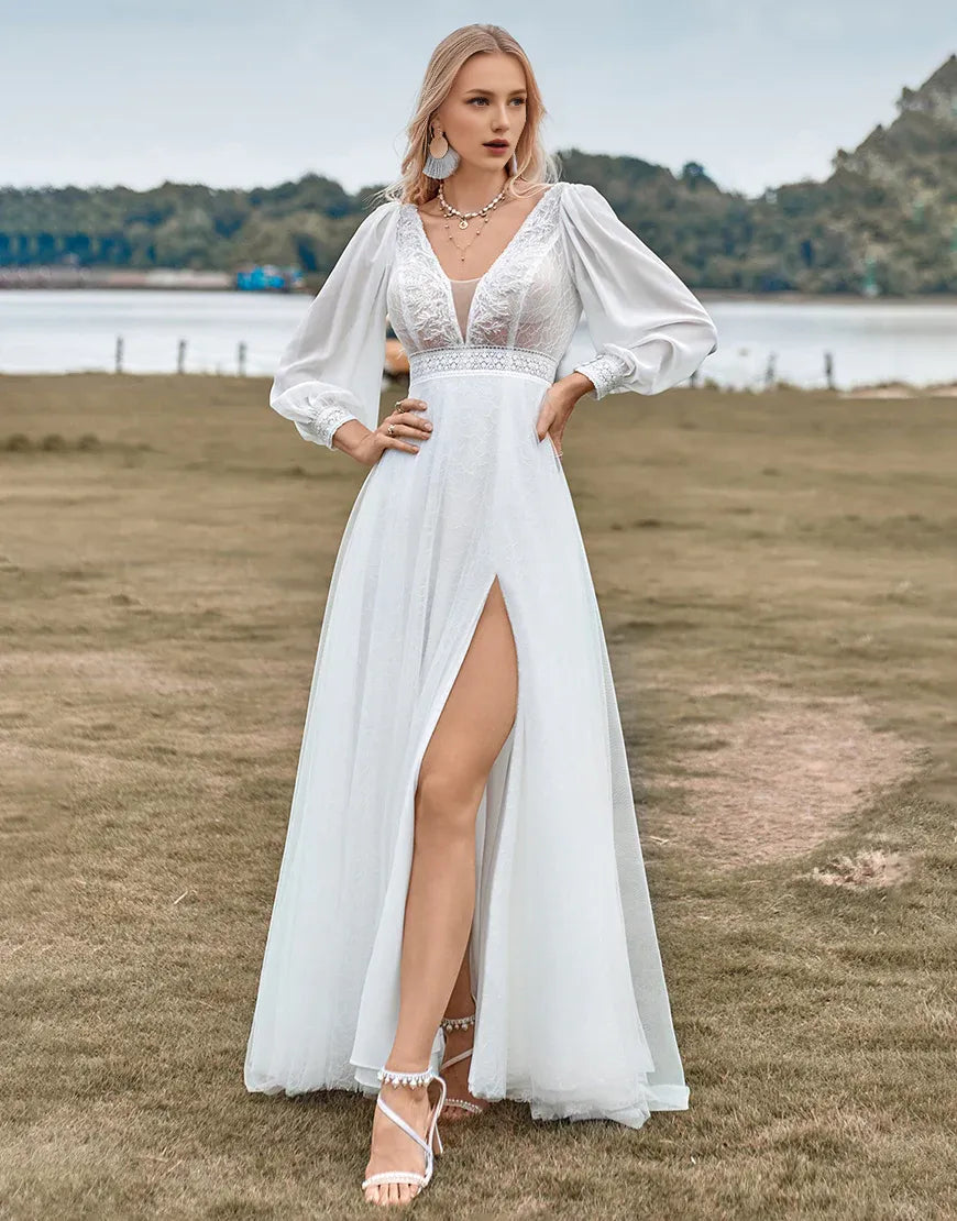 A-Line  V Neck Long Sleeves Tulle Beading Ivory Wedding Dress