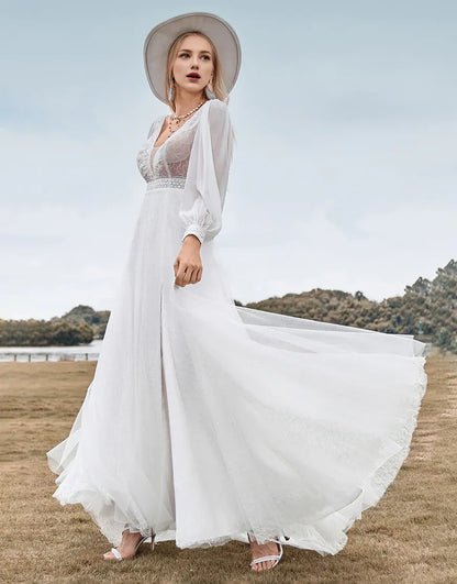 A-Line  V Neck Long Sleeves Tulle Beading Ivory Wedding Dress