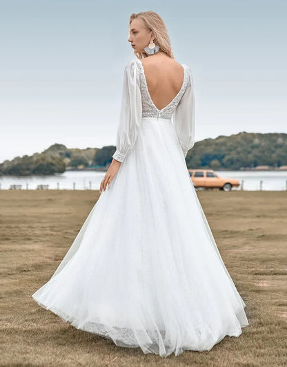 A-Line  V Neck Long Sleeves Tulle Beading Ivory Wedding Dress