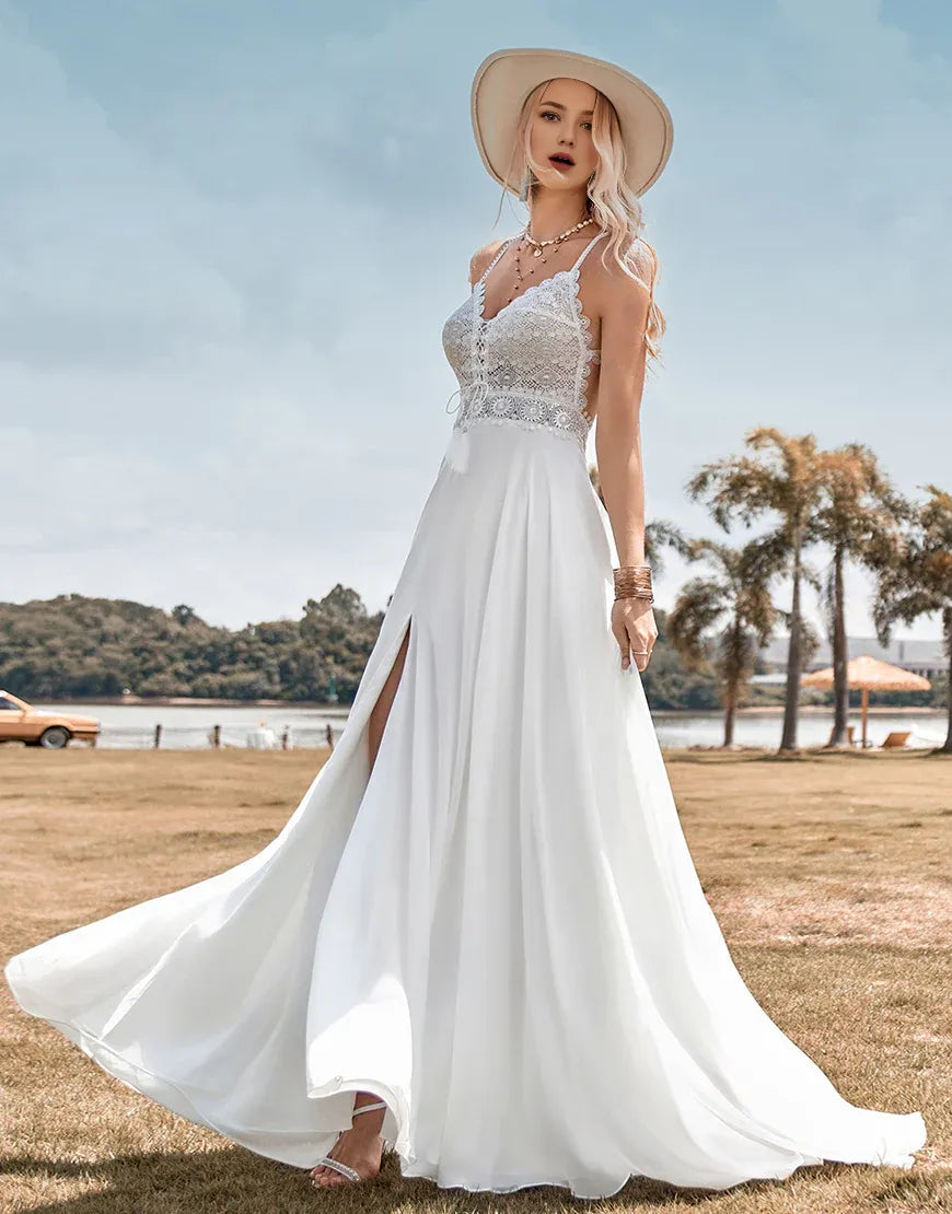 Spaghetti Straps Lace Backless Boho Wedding Dress with Slit