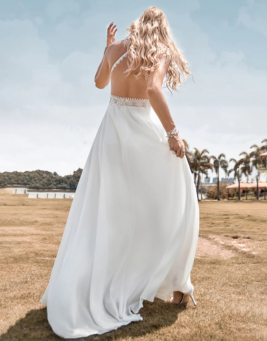 Spaghetti Straps Lace Backless Boho Wedding Dress with Slit