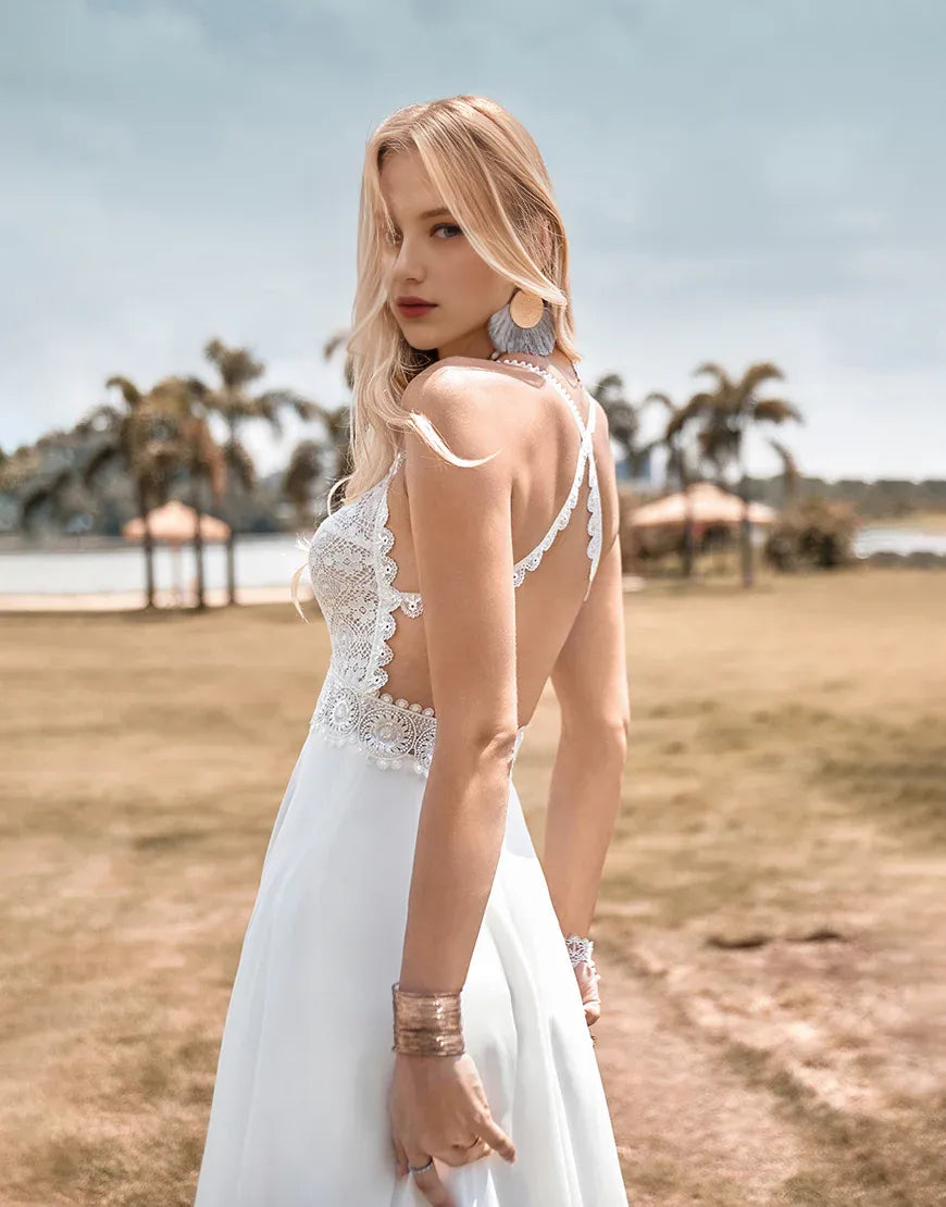 Spaghetti Straps Lace Backless Boho Wedding Dress with Slit