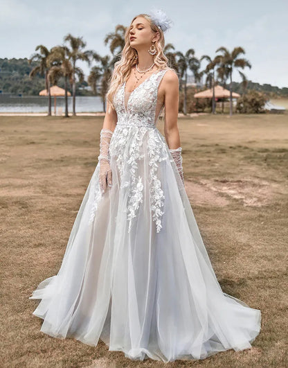 A Line V Neck Tulle Long Wedding Dress with Appliques