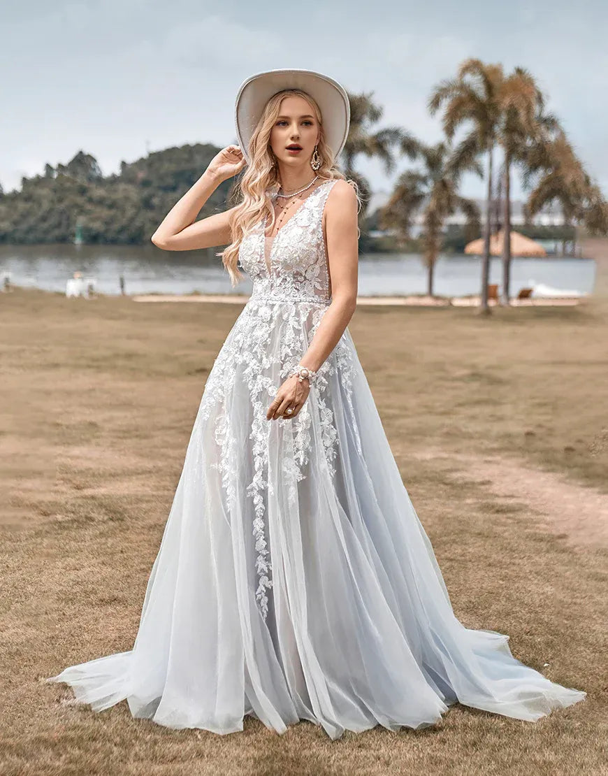 A Line V Neck Tulle Long Wedding Dress with Appliques