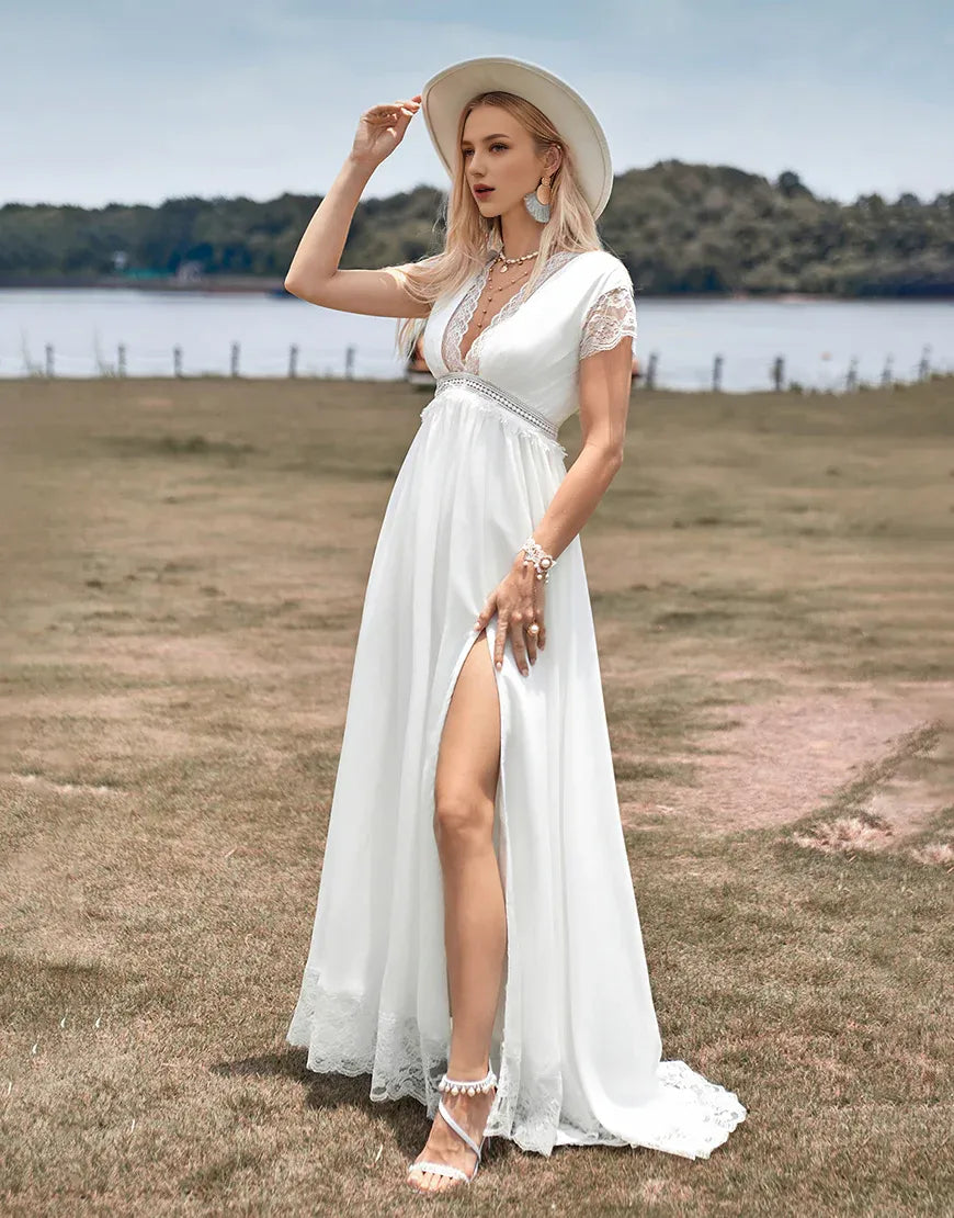 Low V-neck Short Sleeve Simple Boho Wedding Dress with Slit