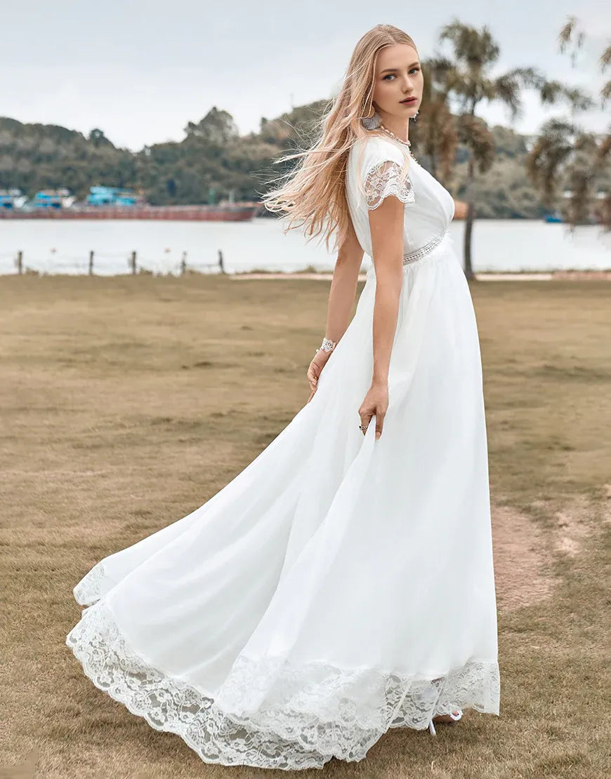 Low V-neck Short Sleeve Simple Boho Wedding Dress with Slit