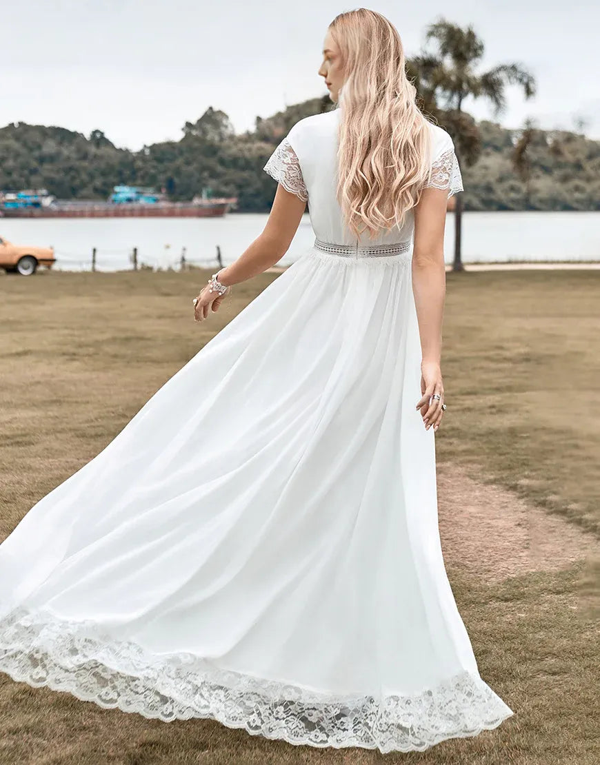 Low V-neck Short Sleeve Simple Boho Wedding Dress with Slit