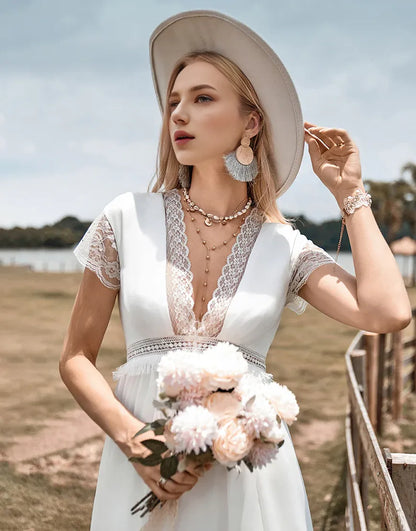 Low V-neck Short Sleeve Simple Boho Wedding Dress with Slit