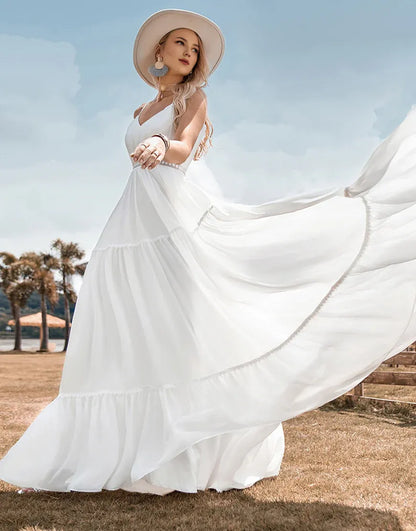 A-Line Spaghetti Straps Simple Long Beach  Wedding Dress