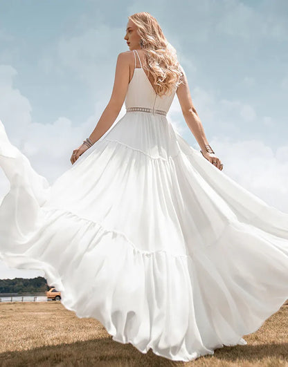 A-Line Spaghetti Straps Simple Long Beach  Wedding Dress