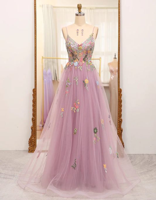 A Line Spaghetti Straps Tulle Beading Long Prom Dress With Appliques