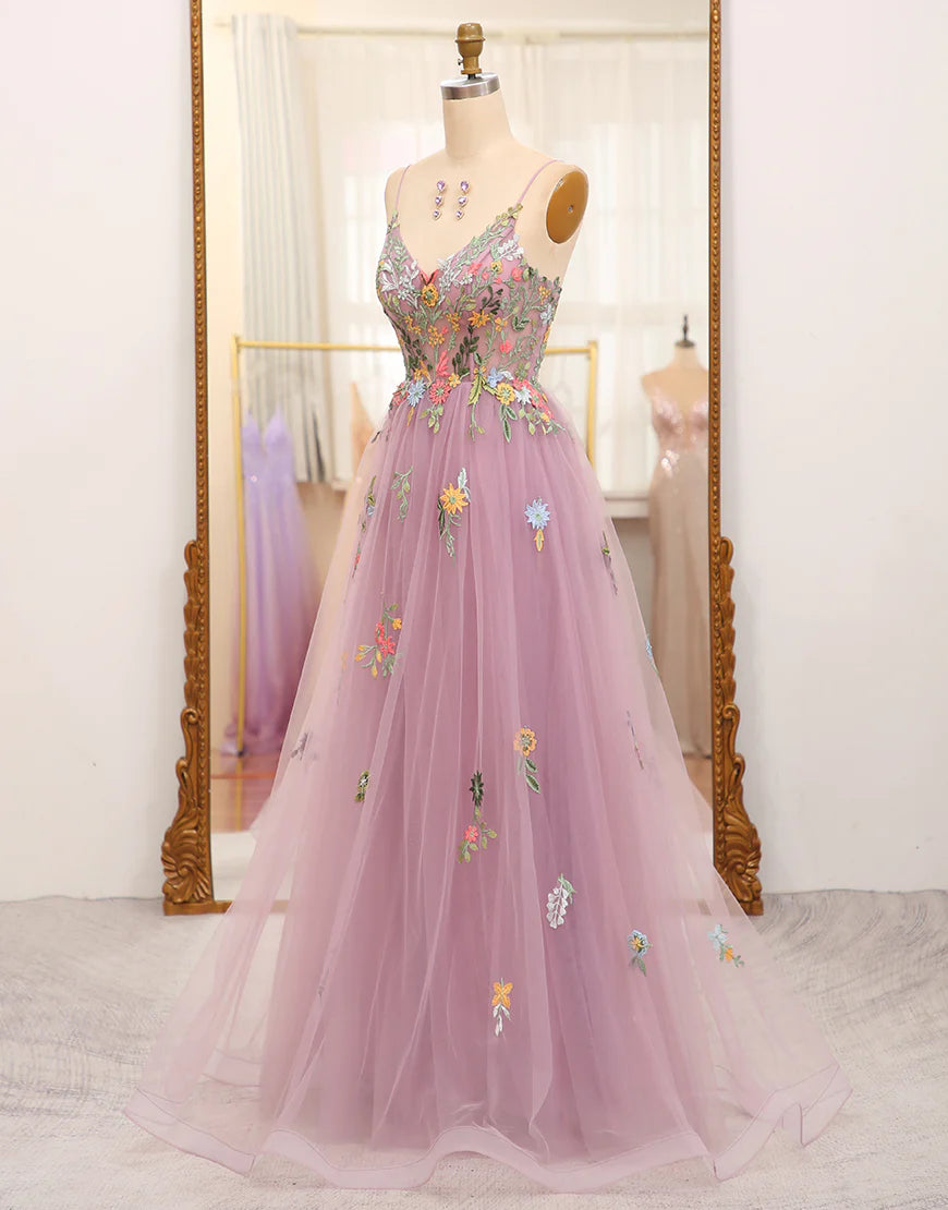 A Line Spaghetti Straps Tulle Beading Long Prom Dress With Appliques