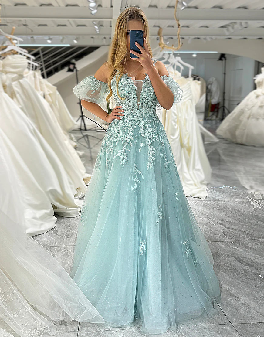 A Line Off the Shoulder Long Prom Dress With Appliques