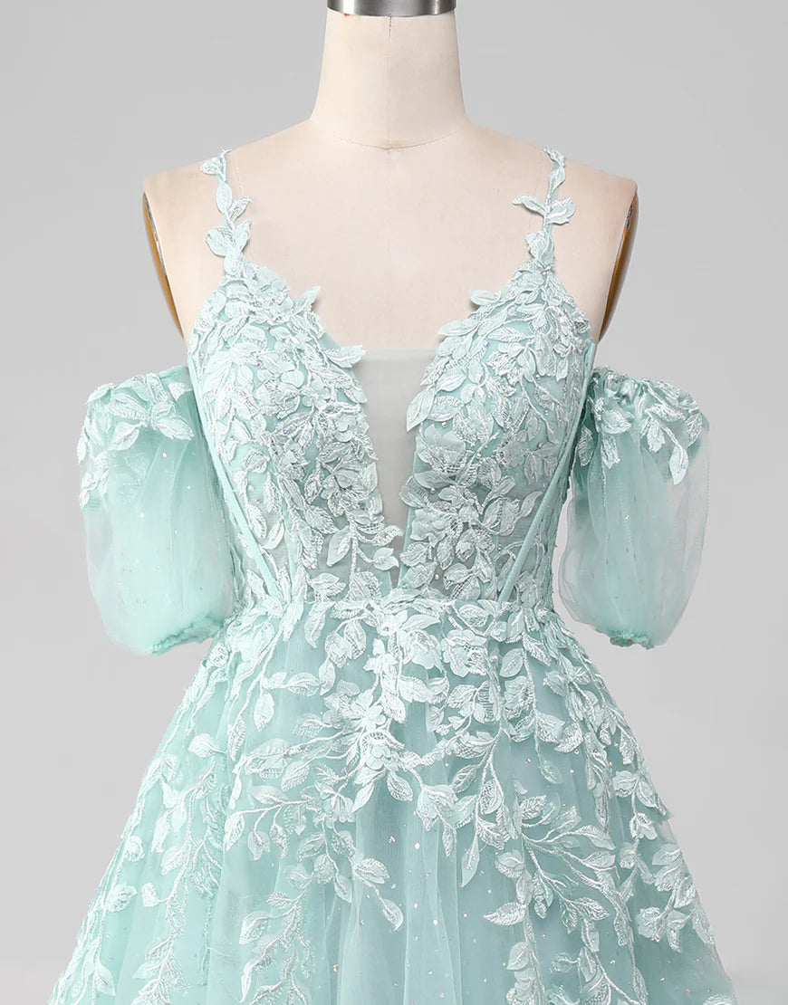 A Line Off the Shoulder Long Prom Dress With Appliques