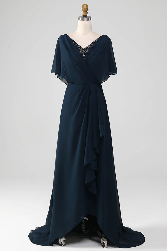 A-Line V-Neck Short Sleeve Asymmetrical other of the Bride Dress With Beading