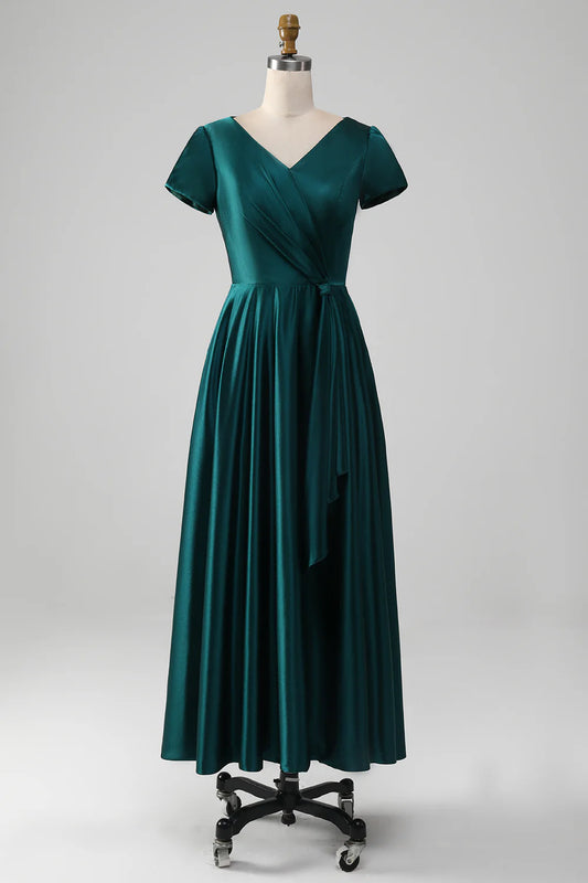 A-line Satin V-neck Pleated Mother of the Bride Dress