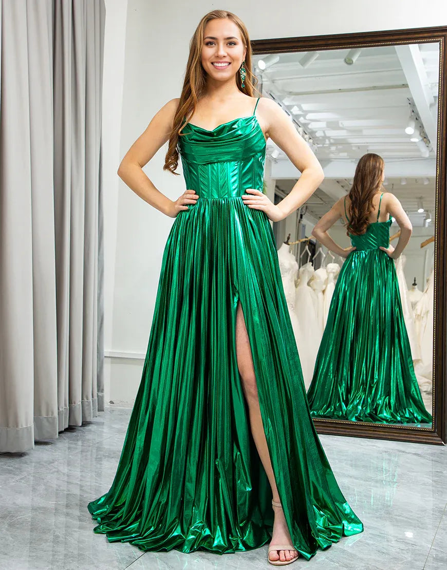 A-Line Sparkly Dark Green Spaghetti Straps Pleated Prom Dress With Slit