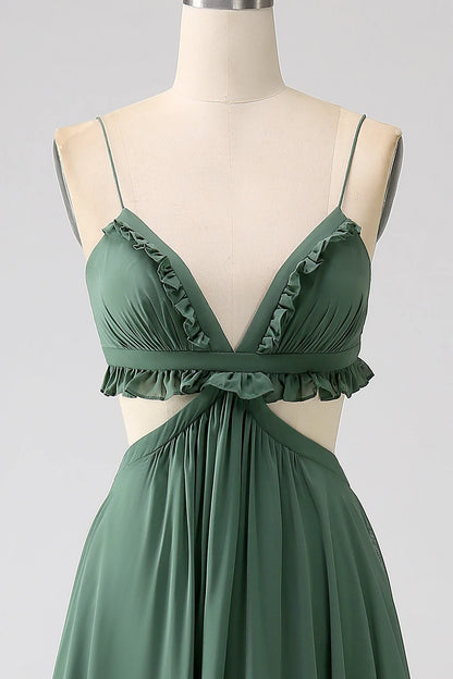 A Line Spaghetti Straps Ruffles Hollow-out Long Bridesmaid Dress