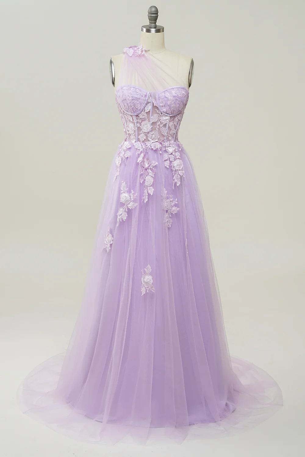 A Line One Shoulder Lilac Sky Blue Long Prom Dress with Appliques