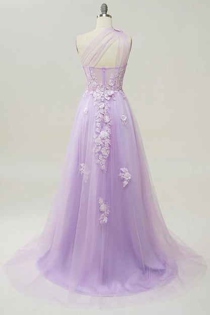 A Line One Shoulder Lilac Sky Blue Long Prom Dress with Appliques