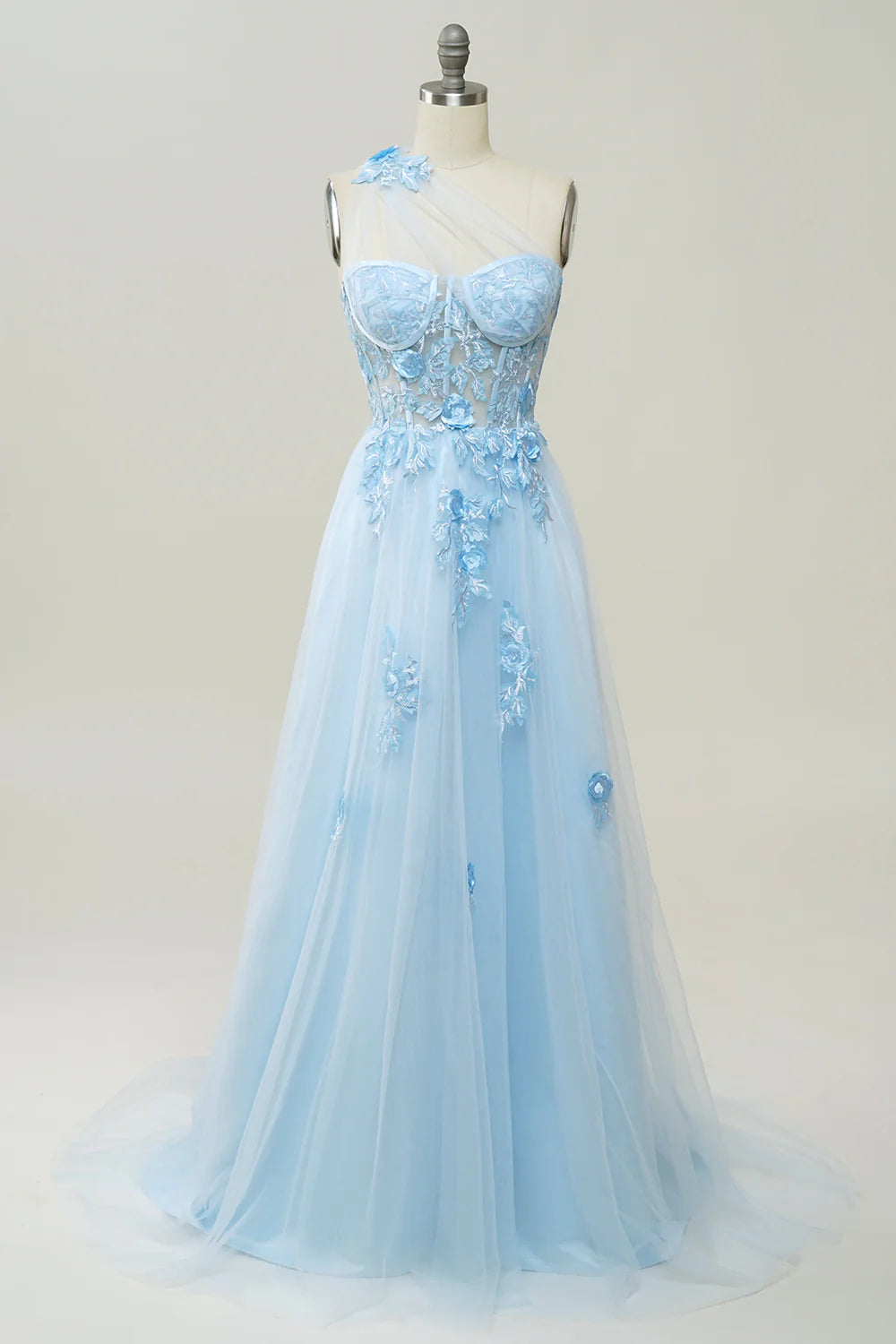 A Line One Shoulder Lilac Sky Blue Long Prom Dress with Appliques