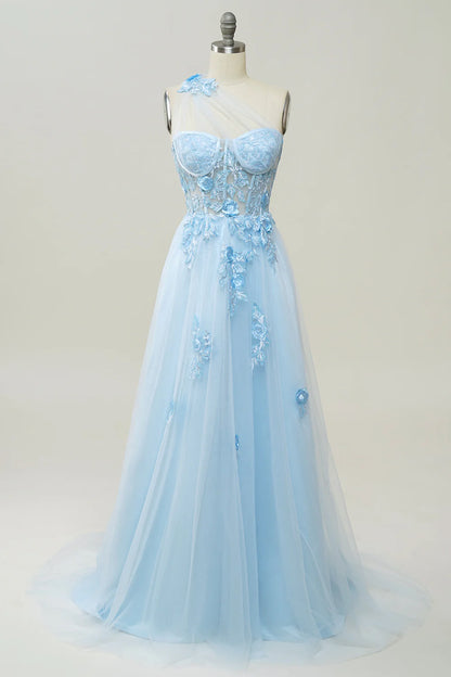 A Line One Shoulder Lilac Sky Blue Long Prom Dress with Appliques