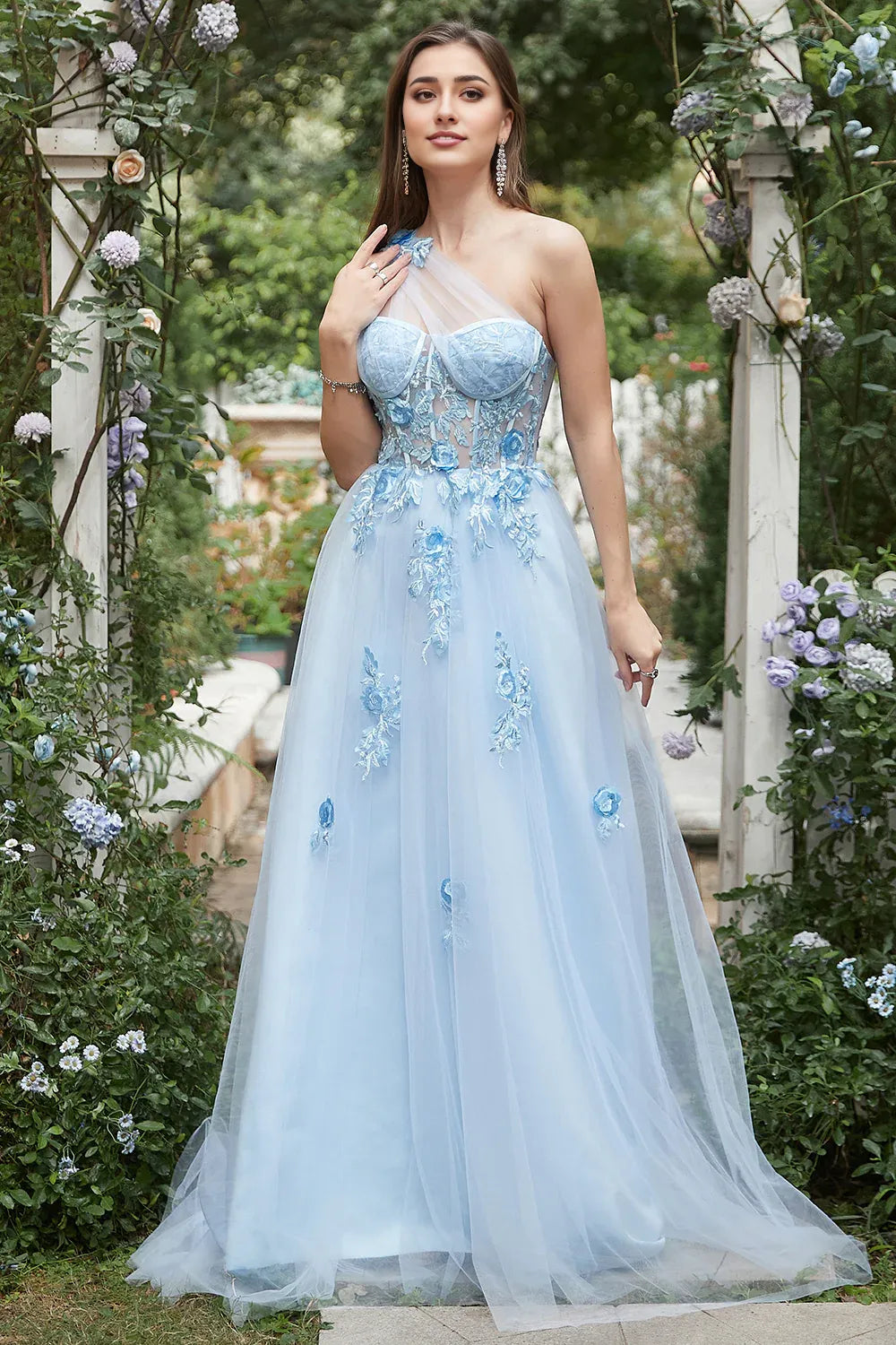 A Line One Shoulder Lilac Sky Blue Long Prom Dress with Appliques