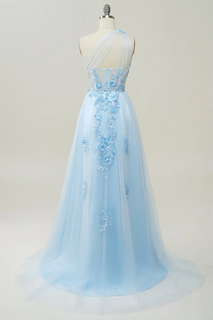 A Line One Shoulder Lilac Sky Blue Long Prom Dress with Appliques