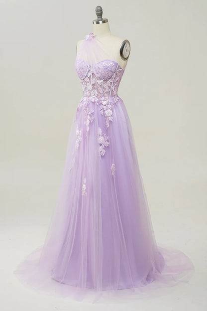 A Line One Shoulder Lilac Sky Blue Long Prom Dress with Appliques