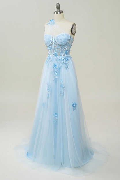 A Line One Shoulder Lilac Sky Blue Long Prom Dress with Appliques