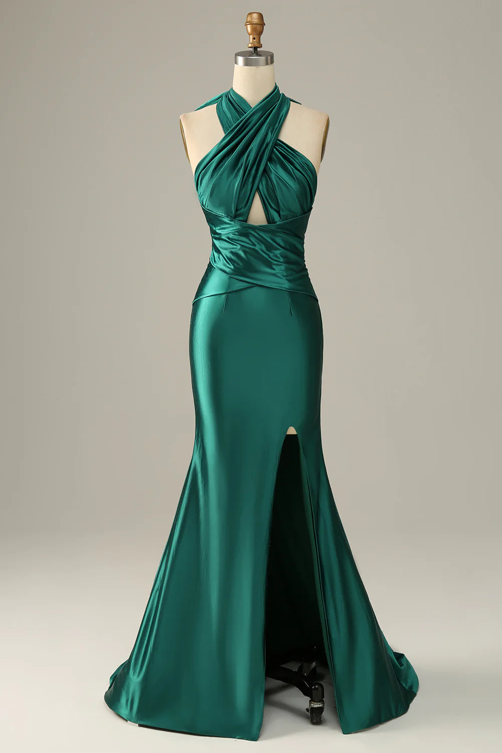 Sheath/ Mermaid Criss Cross Halter Satin Prom Dress With Slit