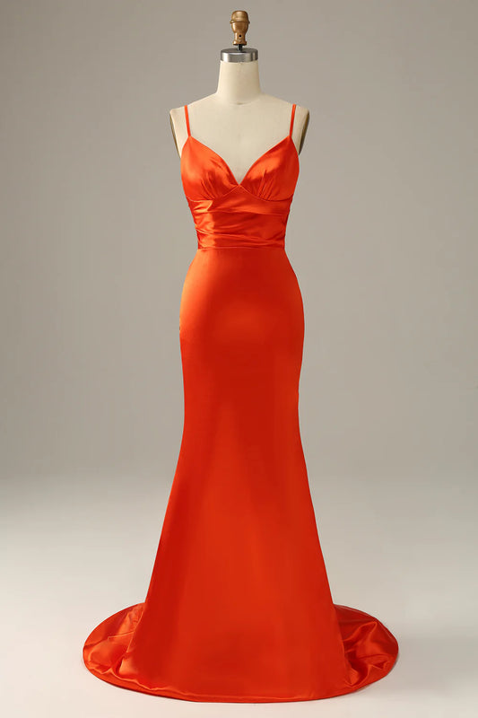 Sheath/Mermaid Spaghetti Straps Orange Satin Long Prom Dress